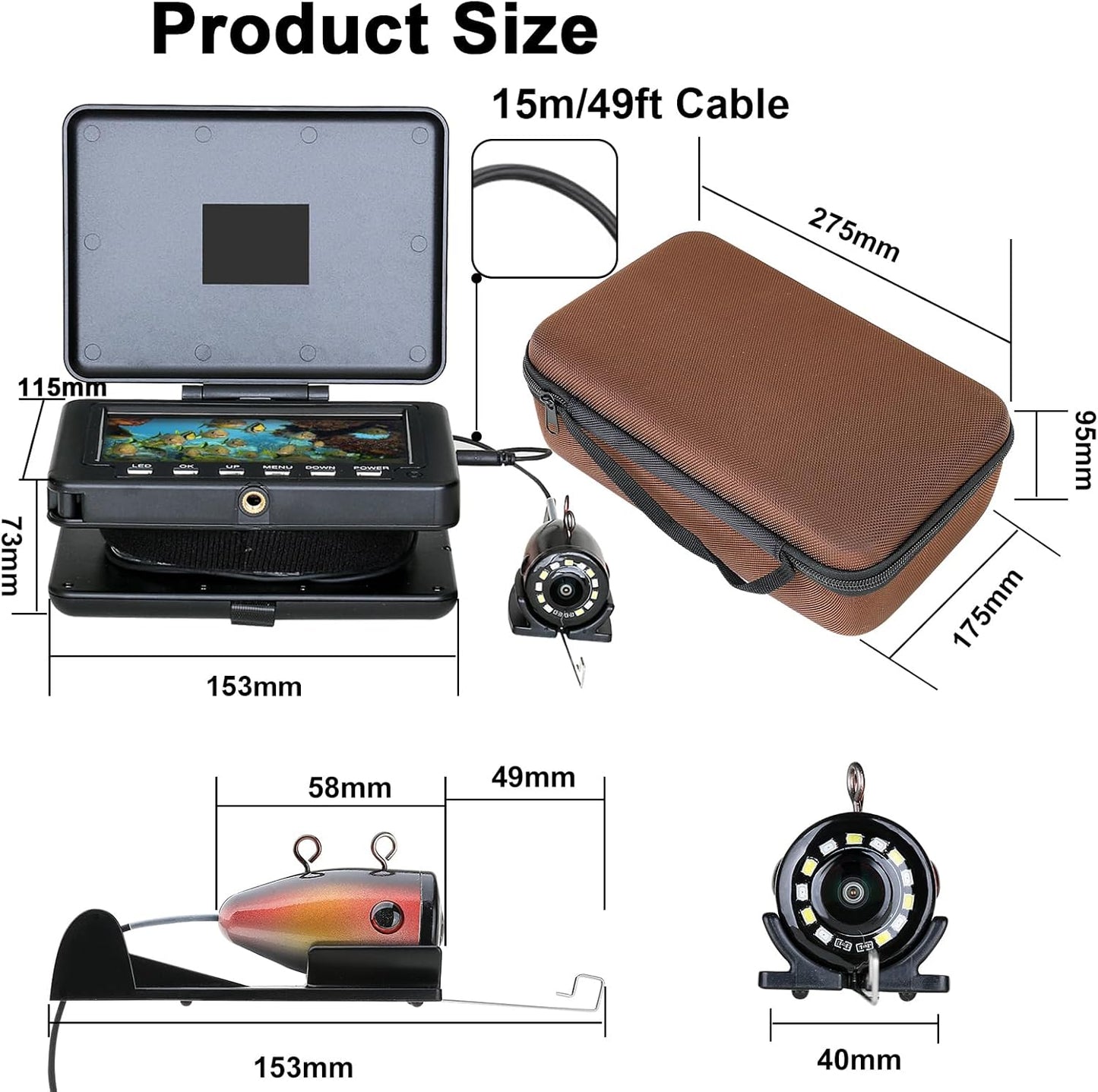 Underwater Fishing Camera for Rod, 5 Inch LCD Monitor with 1080P Portable Fish Finder, Adjustable LED White Light, 15M Cable Aluminum IP68 Camera for Ice Lake Sea Boat Kayak Fishing