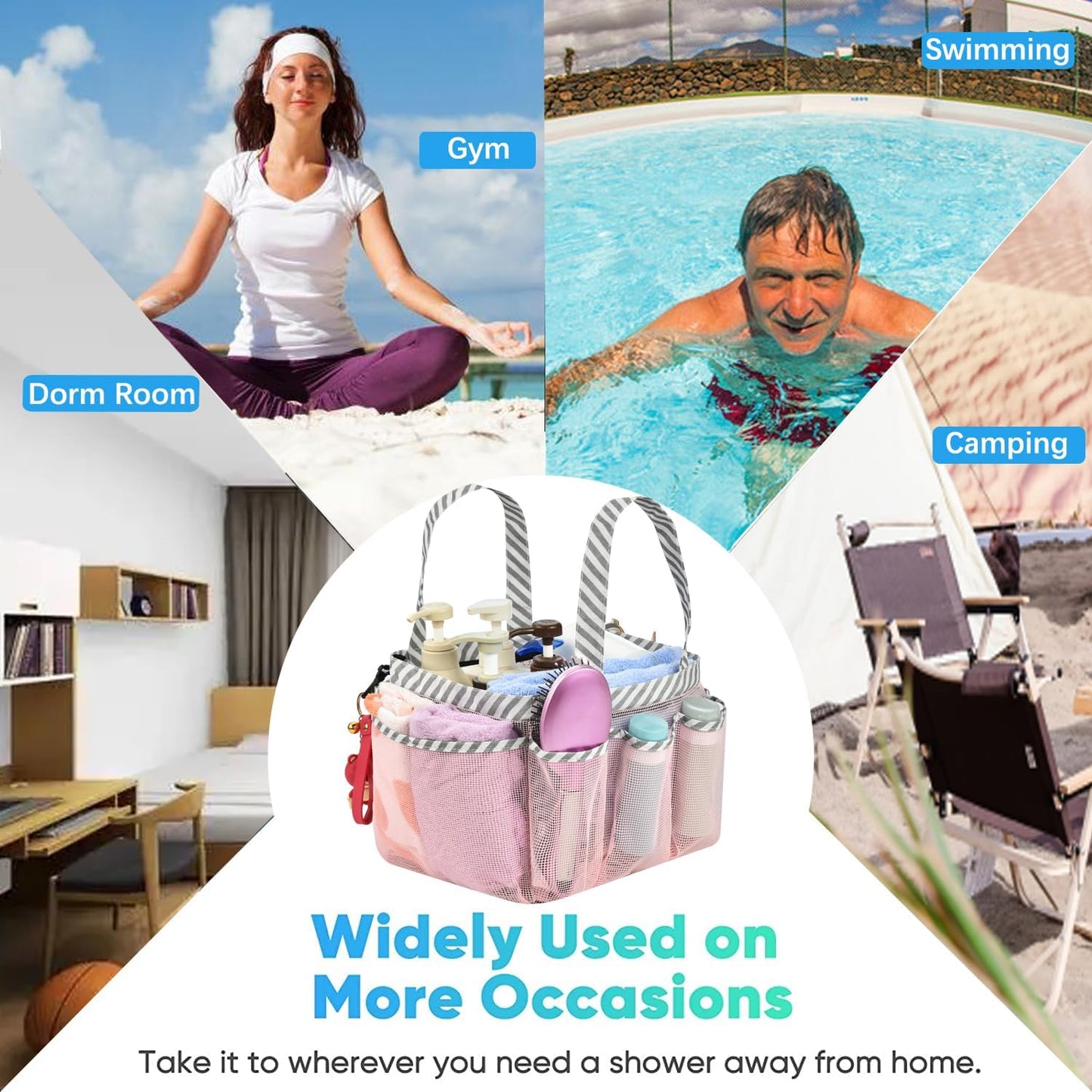 Mesh Shower Caddy Tote, Large College Dorm Bathroom Caddy Organizer with Key Hook and 2 Oxford Handles, Quick Hold, 8 Basket Pockets for Camp Gym