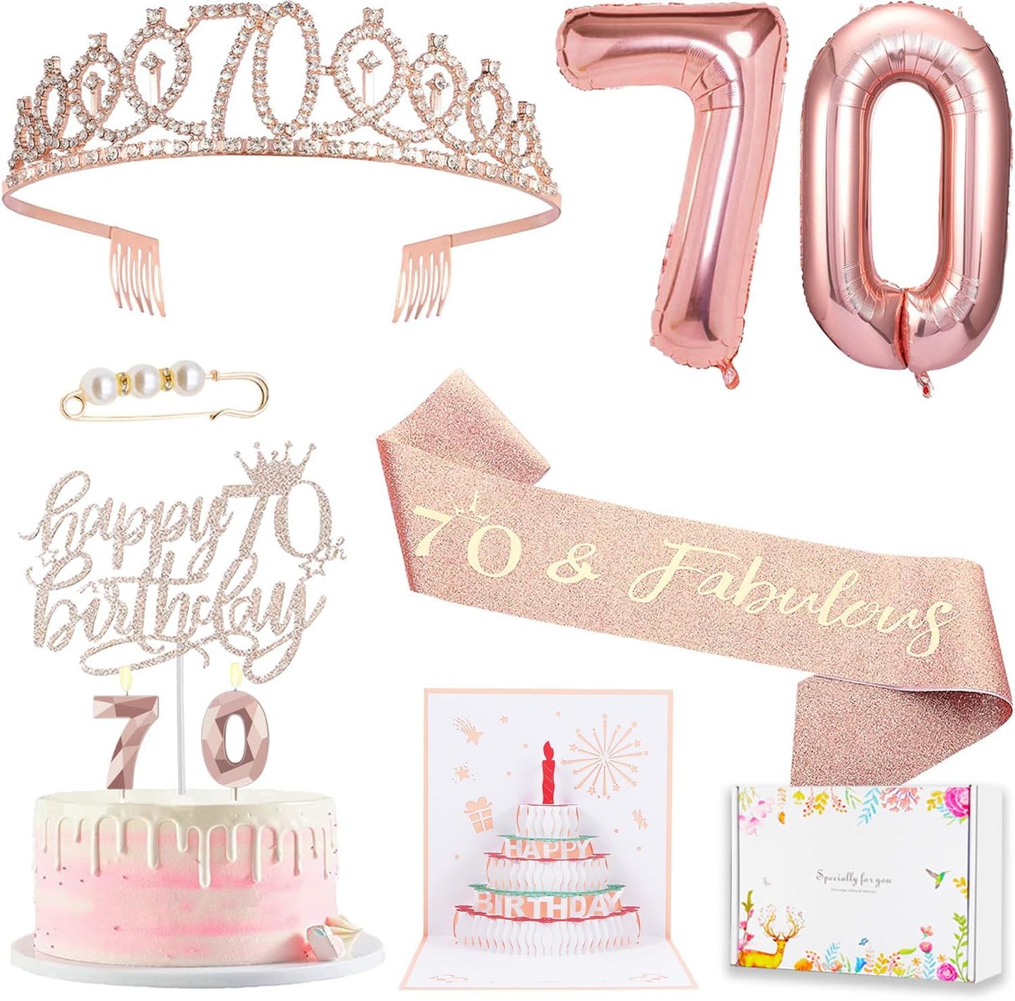 8pcs 40th Birthday Decorations gifts for Women, Including 40th Happy Birthday Cake Topper, Queen Sash with Pearl Pin, Sweet Rhinestone Tiara Crown for Women, Number Candles and Balloons (Rose Gold)