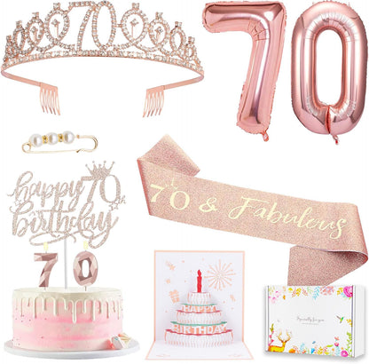 8pcs 40th Birthday Decorations gifts for Women, Including 40th Happy Birthday Cake Topper, Queen Sash with Pearl Pin, Sweet Rhinestone Tiara Crown for Women, Number Candles and Balloons (Rose Gold)