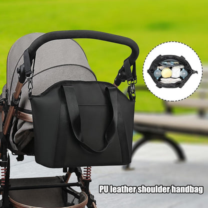 Black Stroller Diaper Bag | Large Capacity Faux Leather Organizer