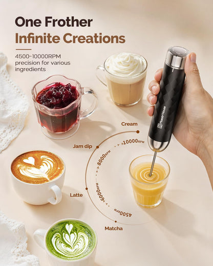 MHMF07 Rechargeable Milk Frother with Stepless Speed Control, LunaFro Max Handheld Electric Foam Maker Waterproof Drink Mixer Foamer for Lattes, Cappuccino (Black)