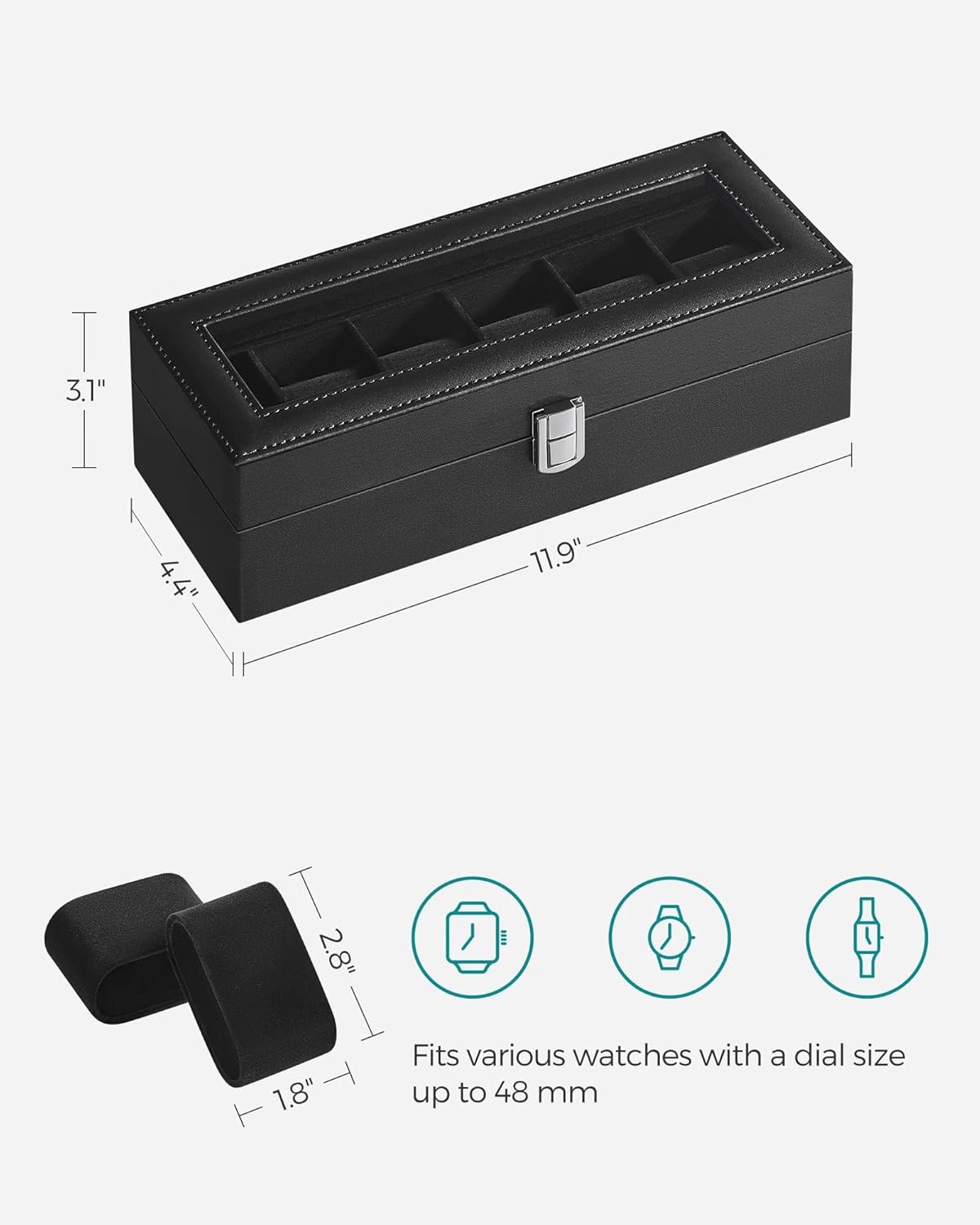 SONGMICS Watch Box, 6-Slot Watch Case, Watch Box Organizer, Black Synthetic Leather, Greenish Gray Lining UJWB06BK