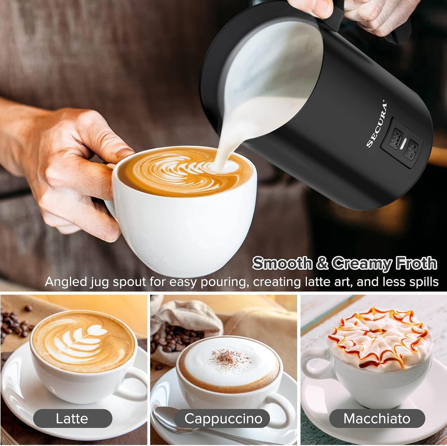 Secura Electric Milk Frother, Automatic Milk Steamer Warm or Cold Foam Maker for Coffee, Cappuccino, Latte, Stainless Steel Milk Warmer with Strix Temperature Controls (Black)