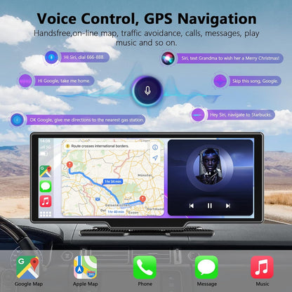 10.26 Inch Wireless Apple Carplay Screen for Car, Apple Car Play and Android Auto Screen with 4K Dash Cam Front and Rear Camera HD 1080P/FM/AUX/64G TF/Mirror Link/Voice Control/GPS Navigation