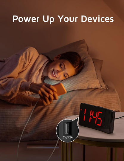 GOLOZA Projection Alarm Clock, Digital Clock with Modern Curved Design 180° Rotatable Projector, 3-Level Brightness Dimmer, Clear Blue LED Display, Progressive Volume, 9mins Snooze,12/24H, for Bedroom