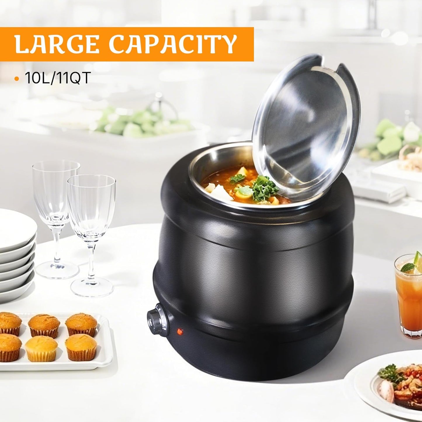 CLIVIA Soup Warmer, 11 Qt Soup Kettle Warmer Electric Commercial Food Kettle Warmer Coountertop with Hinged Lid & Detachable Stainless Steel Insert Pot for Restaurant/Buffet/Hotel/Family, Black