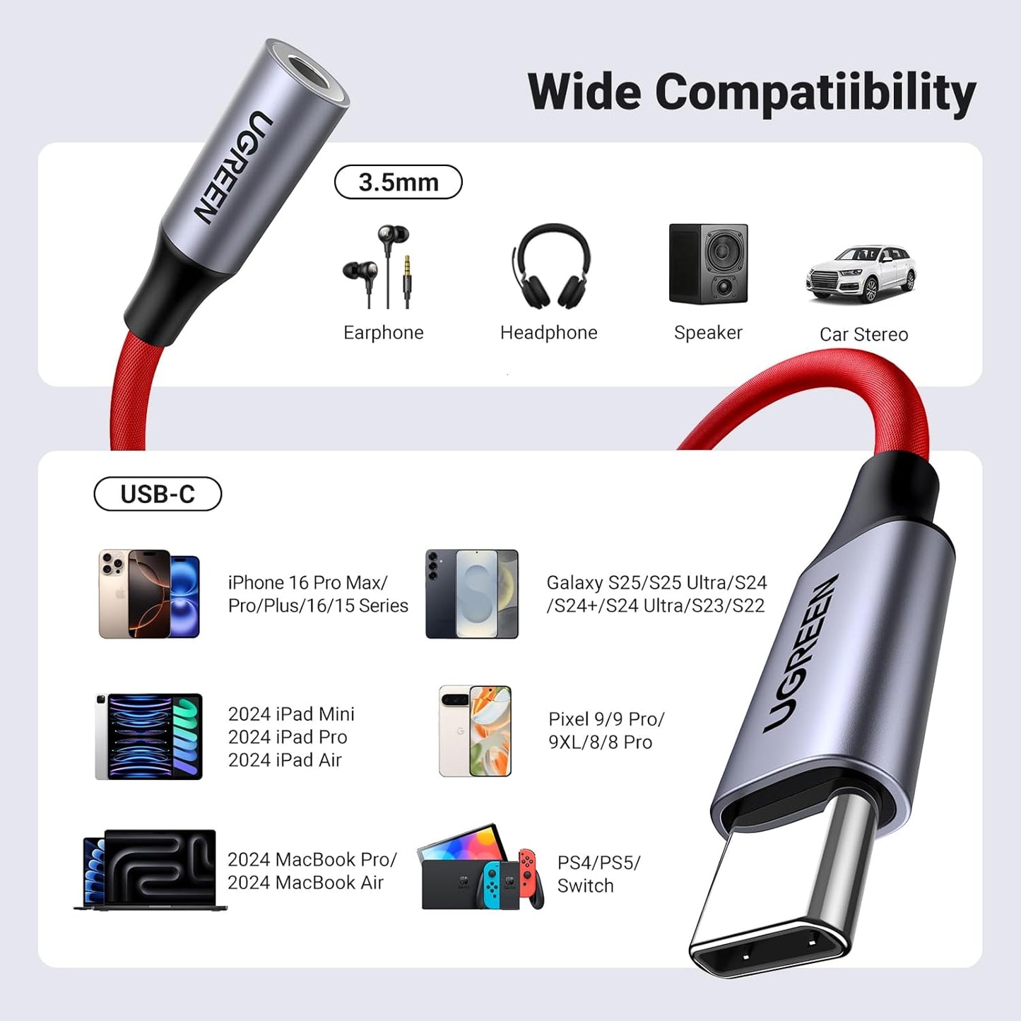 UGREEN USB C to 3.5mm Headphone Audio Adapter, HiFi DAC Stereo 24bit/96kHz USB C to Aux Jack, Dongle Earphone Compatible with iPhone 15 Pro, iPad, Galaxy S24 S23 Ultra, Pixel, 10cm