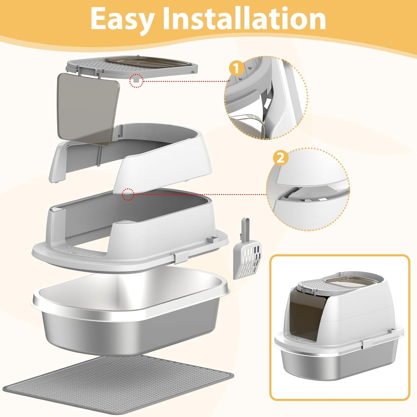 OGEMXU Stainless Steel Litter Box with Lid, Top Entry Covered Kitten Litter Box, Enclosed Litter Tray for Easy Cleaning & Odor Control, Includes Scoop and Litter Mat, Gray