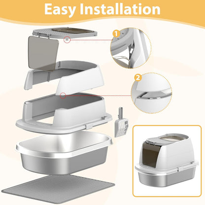 OGEMXU Stainless Steel Litter Box with Lid, Top Entry Covered Kitten Litter Box, Enclosed Litter Tray for Easy Cleaning & Odor Control, Includes Scoop and Litter Mat, Gray