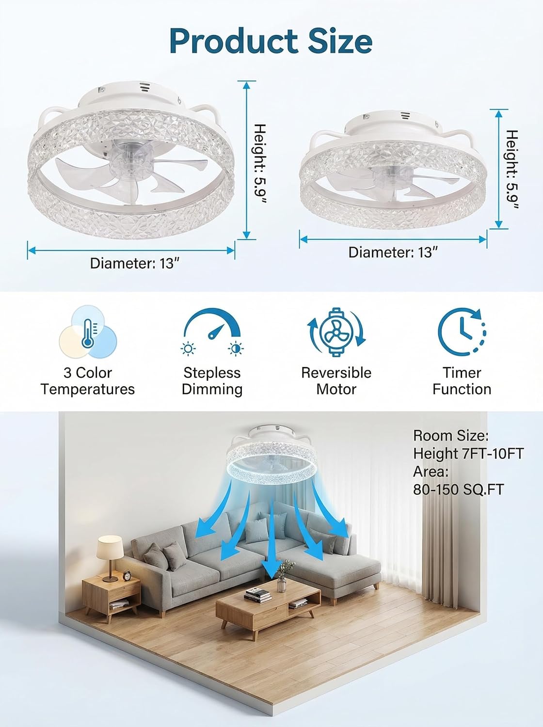Ceiling Fan with Lights and Remote, 32cm Low Profile Ceiling Fans with Lights, Fandelier Ceiling Fan Light,DC Quiet Motor,3000K-6000K Dimmable,Modern Flush Mount Ceiling Fan for Modern Indoor Bedroom