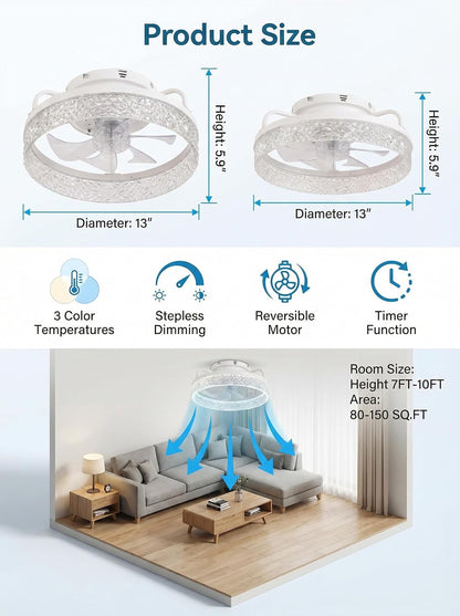 Ceiling Fan with Lights and Remote, 32cm Low Profile Ceiling Fans with Lights, Fandelier Ceiling Fan Light,DC Quiet Motor,3000K-6000K Dimmable,Modern Flush Mount Ceiling Fan for Modern Indoor Bedroom