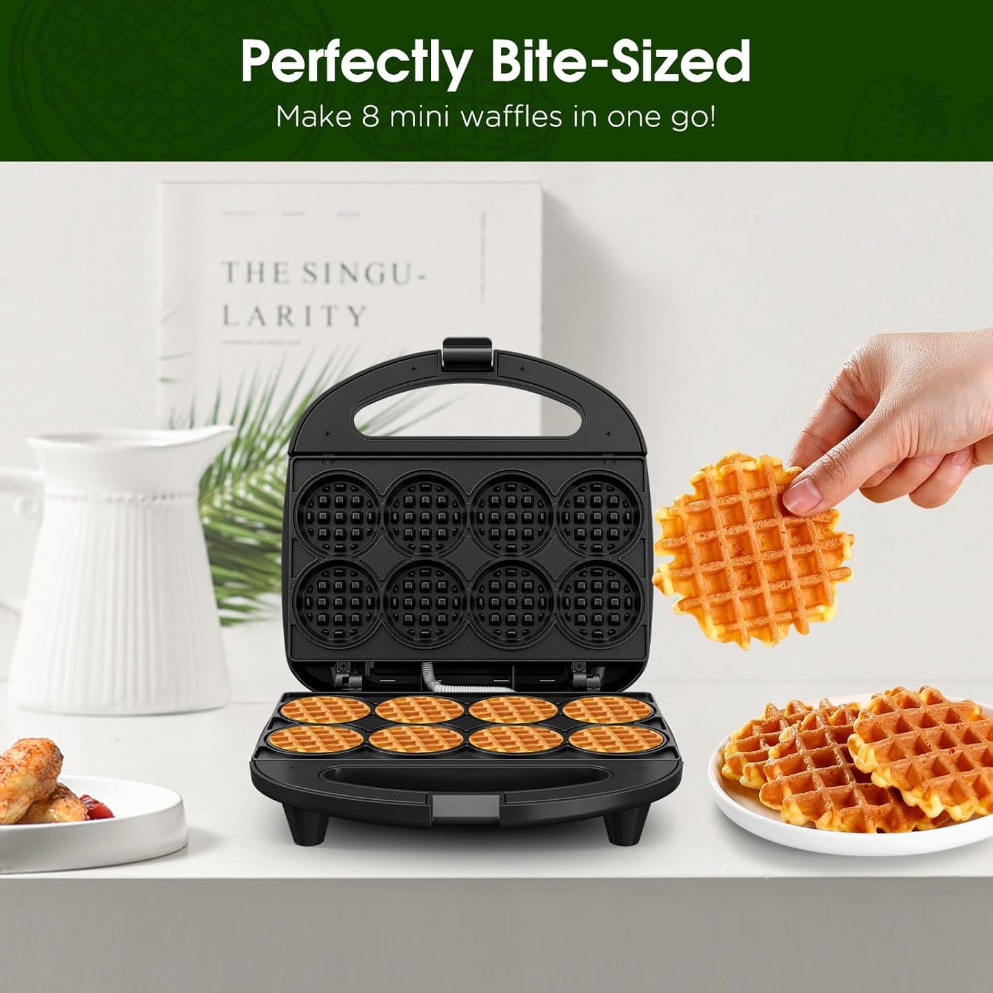 KEINVE Mini Waffle Maker for Kids, Make Bite-Sized 8 * 2" Tiny Waffles, Great for Breakfast, Snacks, Desserts and More - PuriLite