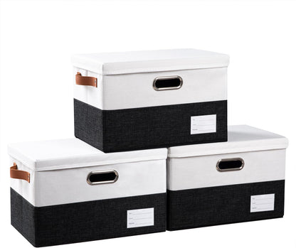 PRANDOM Large Foldable Storage Bin with Lid [1-Pack] Linen Fabric Decorative Storage Box Organizer Containers Basket Cube with Handles Divider for Bedroom Closet Office Living Room (17.7x11.8x11.8")
