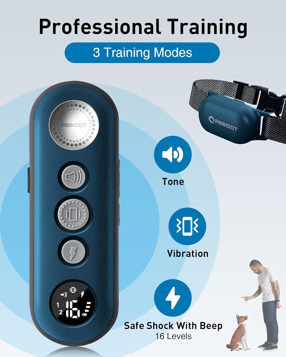 ABBIDOT Shock Collar (8-120 lbs) - Small Size Dog Training Collar with Remote Waterproof Rechargeable Dog Shock Collar with Remote E Collar for Small Medium Large Dogs (Light Blue)