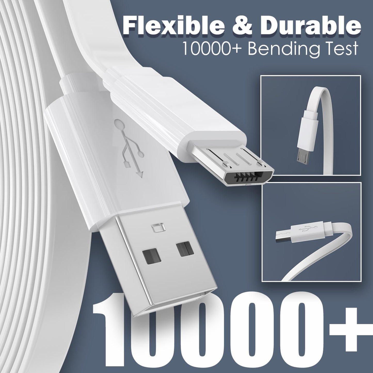 ANLINK 2-Pack 30ft Flat Micro USB Cable | 9M USB to Micro USB Charging & Data Sync Cable | White | Compatible with Security Cameras & Micro USB Devices