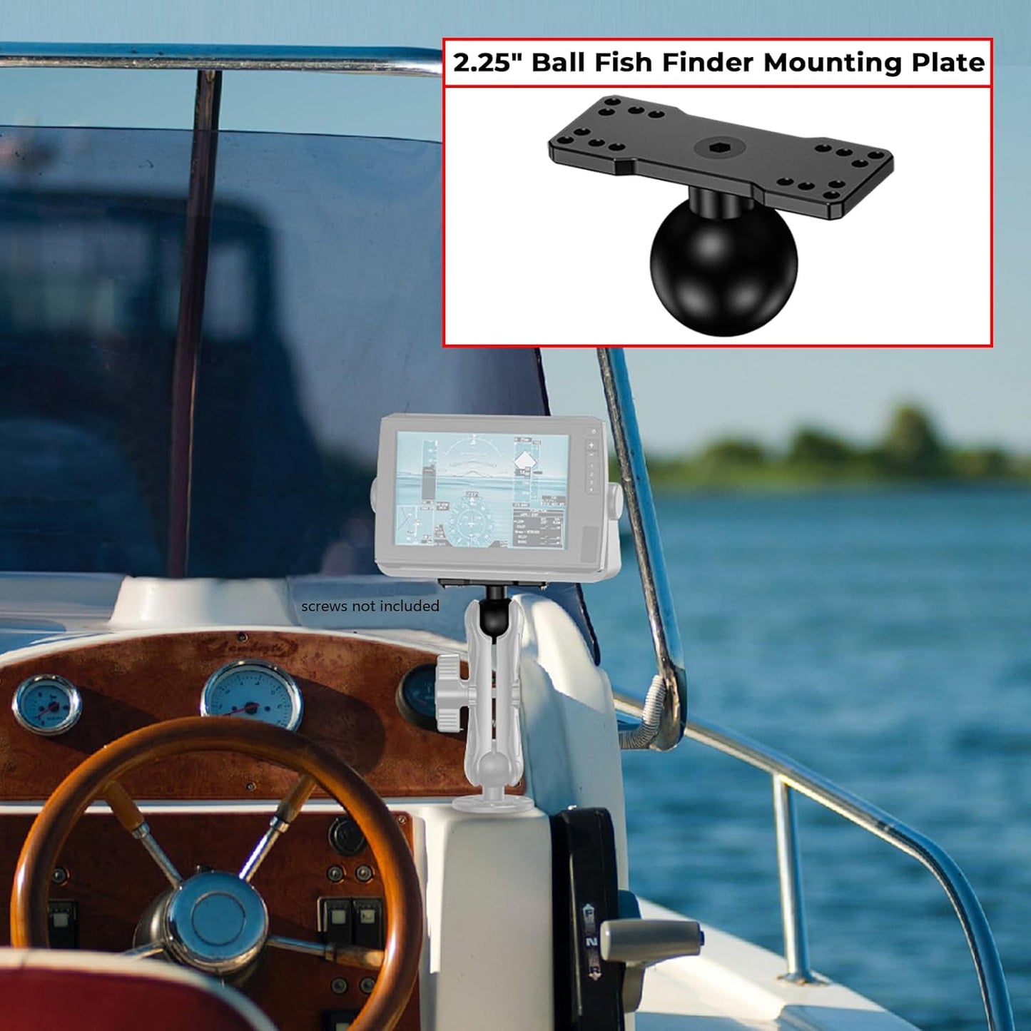 VAZESWIN 2.25" Ball Large Fish Finder Mount, Aluminum Alloy Universal Marine Electronic Mounting Plate for Garmin, Lowrance and More, Compatible with RAM Mounts D Size 2.25" Ball Double Socket Arm