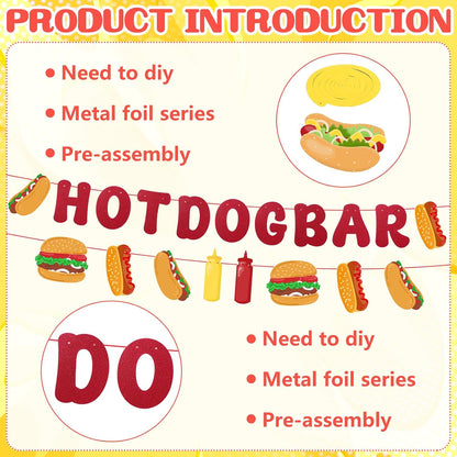10Pcs Hot Dog Party Decorations - Hot Dog Bar Supplies Include 2 Hotdog Banners and 8 Swirl Decorations Hanging for Birthday Party, Hot Dog Food Party Decor Supplies Gold Red