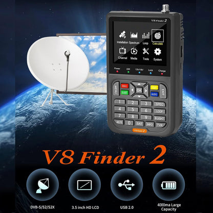 V8 Finder 2 TV Signal Finder Meter, DVB-S/S2/S2X Signal Receiver with 3.5 inch HD Digital Display, H.264 Auto Calculate Angle Built-in 4000mAh Battery for Adjusting Sat Dish