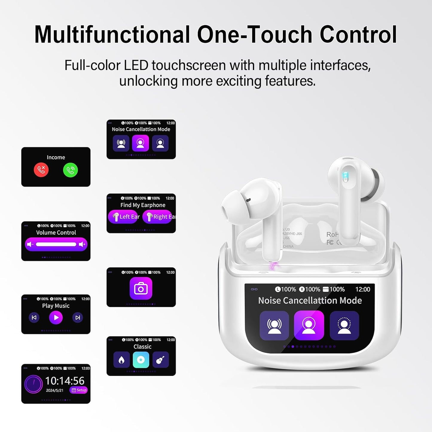 Wireless Earbuds, Bluetooth 5.4 Ear Buds with Multifunctional Touch Screen, 48H HiFi Stereo Headphones, ANC/ENC Noise Cancelling Mic, IPX7 Bluetooth Earbuds with 5 EQ Modes, in Ear Earphones, Black