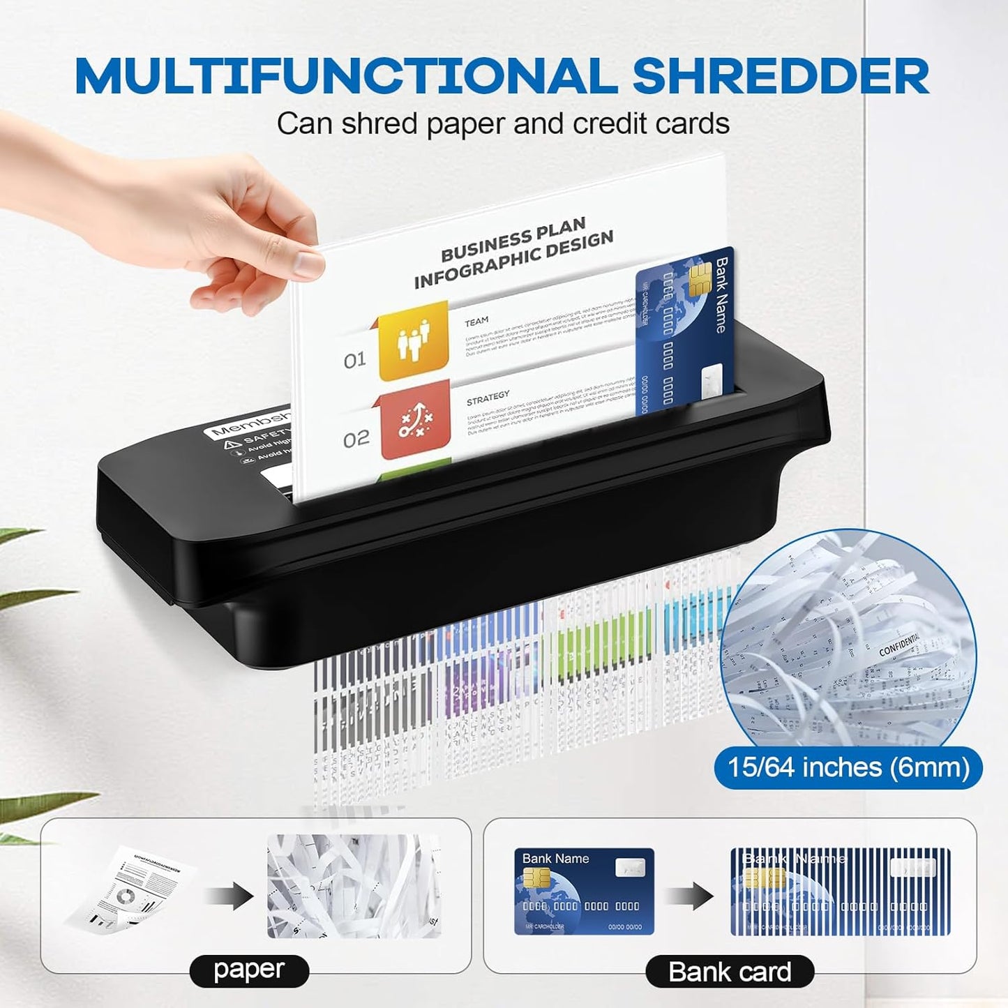 Membship 7-Sheet Strip Cut Paper Shredder | Portable Home & Office Document Shredder | Jam Proof | Overheat Protection | Black