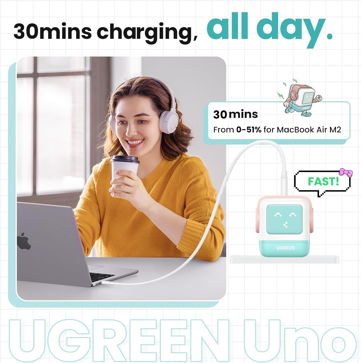 UGREEN Uno 65W USB C Charger, Nexode Robot GaN Fast Charger Block 3-Port, Compact Wall Charger Power Adapter for MacBook Pro/Air, iPhone 15 14 Pro, Galaxy S23 Ultra, Pixel 8, iPad, Steam Deck, Blue