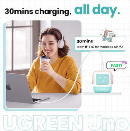 UGREEN Uno 65W USB C Charger, Nexode Robot GaN Fast Charger Block 3-Port, Compact Wall Charger Power Adapter for MacBook Pro/Air, iPhone 15 14 Pro, Galaxy S23 Ultra, Pixel 8, iPad, Steam Deck, Blue