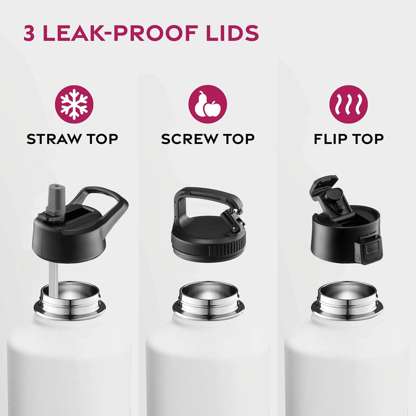 FineDine Water Bottle - Stainless Steel Insulated Water Bottle with Straw Lid, Flip Lid & Wide-Mouth Cap - Keeps Hot and Cold - 25 Oz / 739ml - Pure Pearly White