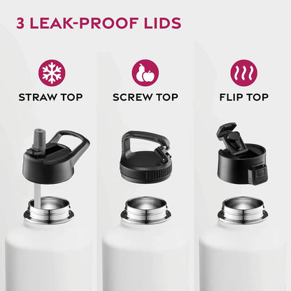 FineDine Water Bottle - Stainless Steel Insulated Water Bottle with Straw Lid, Flip Lid & Wide-Mouth Cap - Keeps Hot and Cold - 25 Oz / 739ml - Pure Pearly White