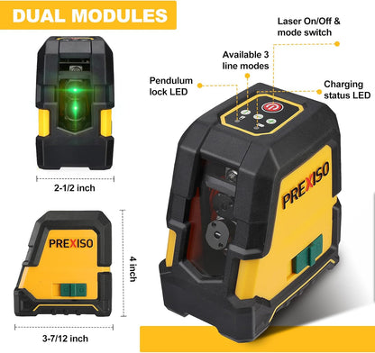 PREXISO Laser Level Self Leveling, 100 Ft Rechargeable & Selectable Green Cross Line Laser Level for Construction, Floor Tile, Home Renovation with Magnetic Pivoting Base, Target Plate & Portable Bag