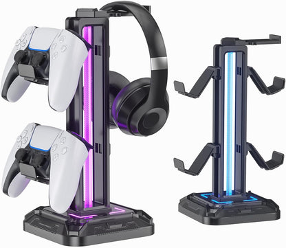 KDD RGB Headset Stand with 9 Light Modes – Rotating Headphone Holder with Detachable Controller Hooks - PuriLite