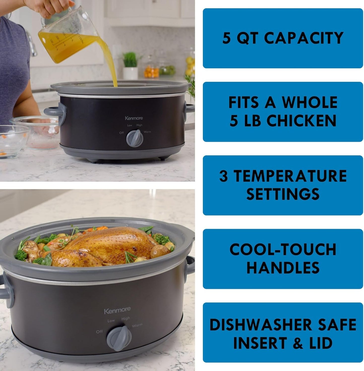 Kenmore Slow Cooker - 5 Lb Chicken 3 Lb Roast Mini Crock Pot With Glass Lid, Stainless Steel Electric Cookers, Warm Rice & Sous Vide Stew, Soup, Lunch, Dishwaher Safe Non-Stick Ceramic Insert, 5 Quart