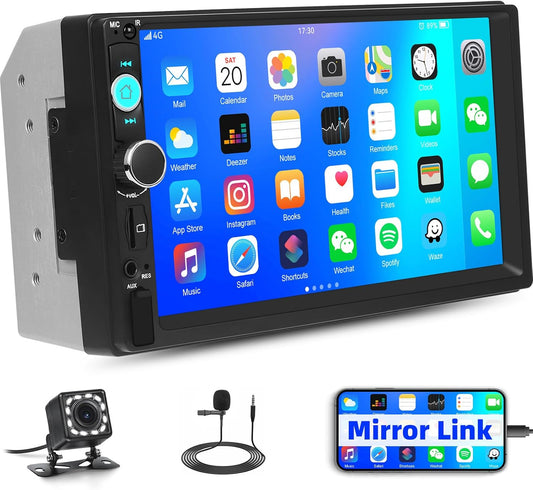 Universal Double Din Car Stereo 7 inch Touchscreen Radio with Mirror Link FM Receiver Multimedia Player Head Unit Bluetooth EQ USB TF AUX+ 12 LED Backup Camera MIC