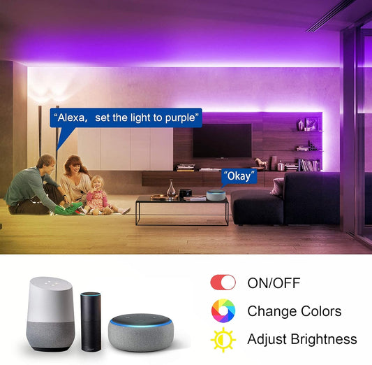 Volivo 100 FT WiFi Led Strip Lights Compatible with Alexa and Google Assistant, 2 Rolls of 50ft RGB Led Light Strip, Music Sync Color Changing Lighting for Bedroom, Home, Kitchen, Party Decors - PuriLite