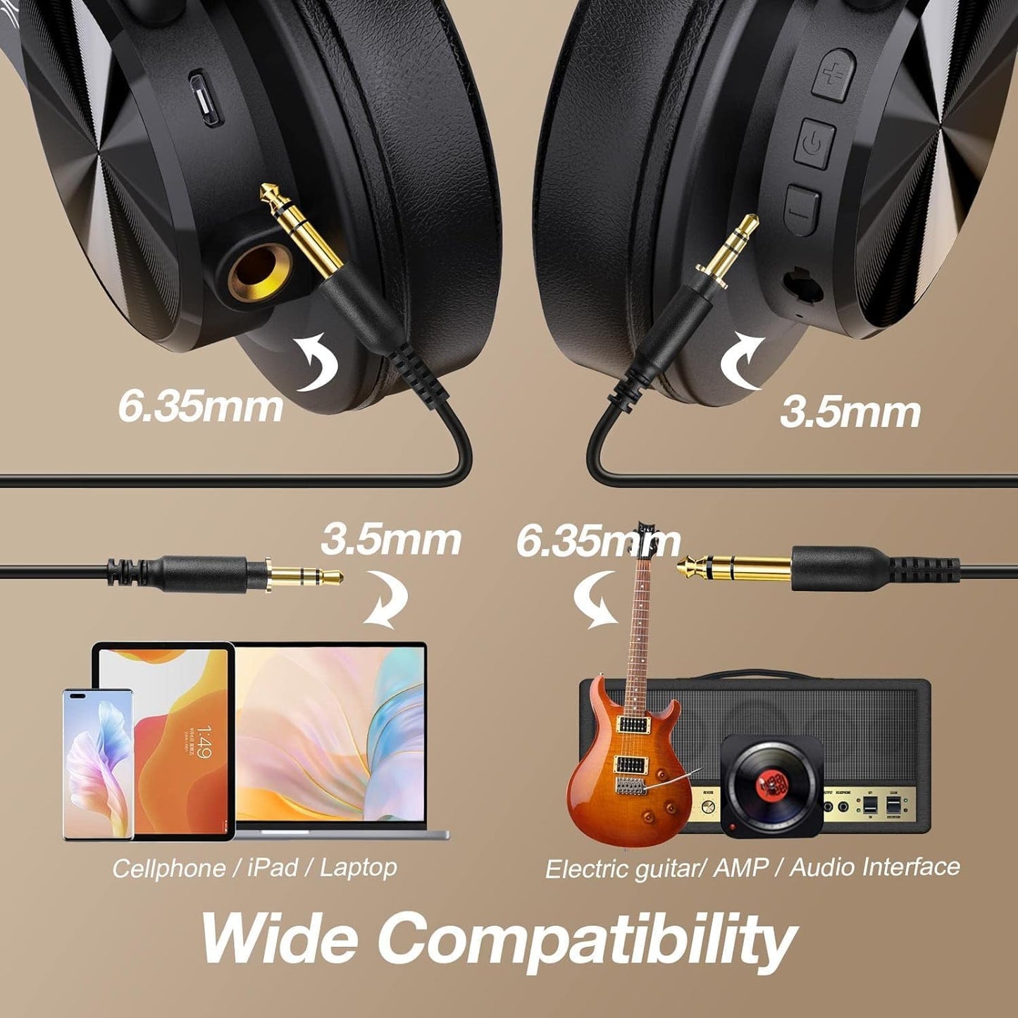 OneOdio A70 Fusion Bluetooth Over Ear Headphones with 72H Playtime, Studio DJ Headphones with Share-Port, Wired and Wireless Recording Headphones with Stereo Sound for Electric Drum Piano Guitar AMP