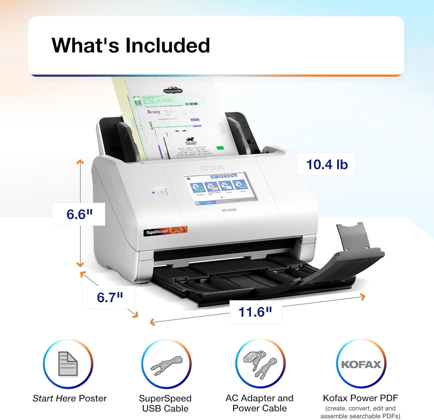 Epson RapidReceipt RR-600W Wireless Desktop Color 2-Sided Receipt & Document Scanner with ScanSmart AI PRO Receipt Management & PDF Software for PC & Mac, Touchscreen & 100-Page Auto Document Feeder