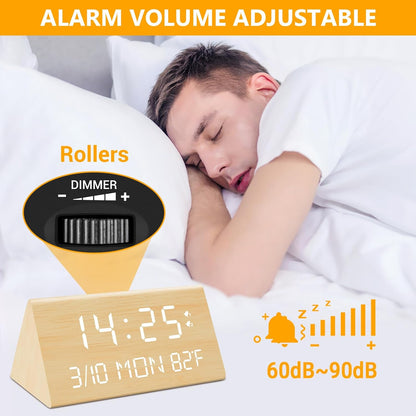 Kogonee Wooden Digital Alarm Clock, 0-100% Dimmer, 2 Alarm Settings, Weekday/Everyday Mode, 9 Mins Snooze, 12/24H, Temperature and Date Display for Office, Travel, Bedroom Alarm Clock (White)