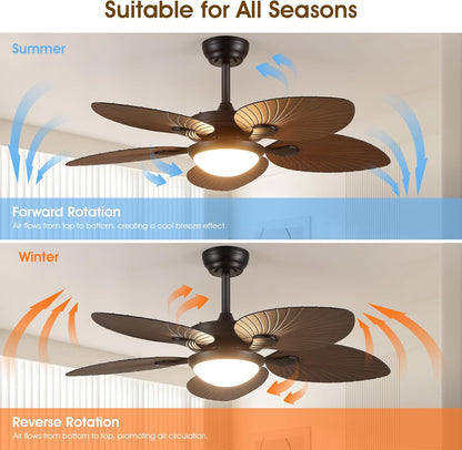 Wiviniya Ceiling Fans with Lights and Remote/APP Control, 44 Inch Tropical Palm Leaf Ceiling Fan with LED Lights, Outdoor Ceiling Fans for Patios Porch, Reversible Quiet Motor, Dimmable, Light Brown