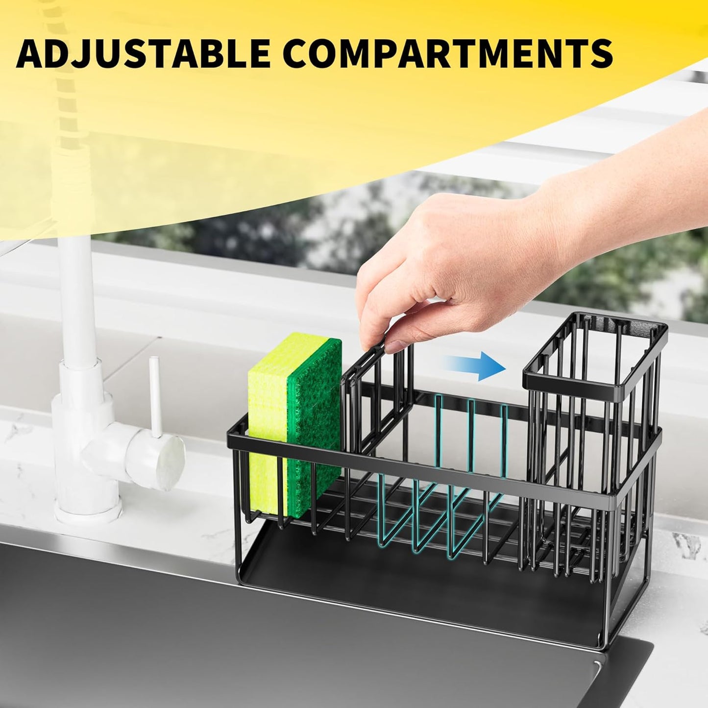 Cisily Kitchen Sink Caddy Organzier with High Brush Holder, Sponge Holder for Sink, 304 Rustproof Stainless, Kitchen Countertop Soap Dispenser Organizer, Kitchen Decor and Accessories (Black)