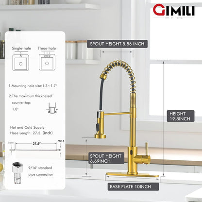 GIMILI Touchless Spring Kitchen Faucet with Pull Down Sprayer, Single Handle Motion Sensor Activated Hands-Free Kitchen Sink Faucet, Single Hole Smart Kitchen Faucet, Solid Brass, Matte Black