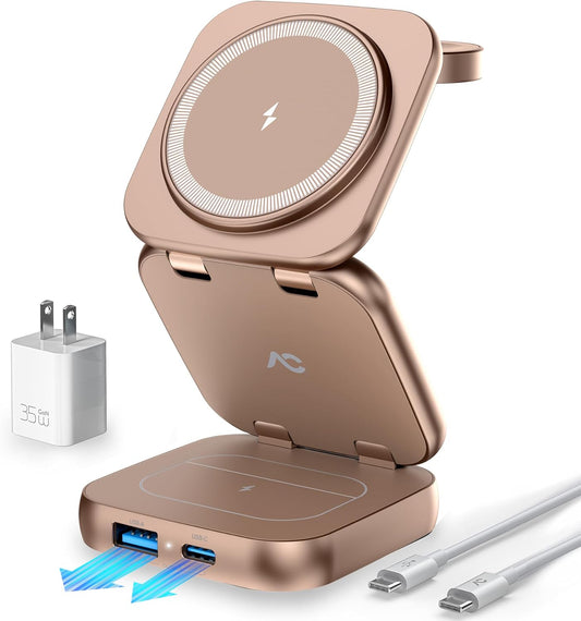 5-in-1 Wireless Charger for Magsafe, AC ISLAND Aluminum Travel Charging Station for Apple, 15W Snap Magnetic Multi Charging Stand Dock for iPhone 16/15/14/13 Apple Watch AirPods (with 35W GaN Adapter)