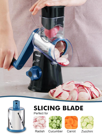 Geedel Kitchen Cheese Grater, Rotary Mandoline Vegetable Slicer with Interchangeable Blades, Easy to Use Rotary Grater Slicer for Fruit, Vegetables, Nuts