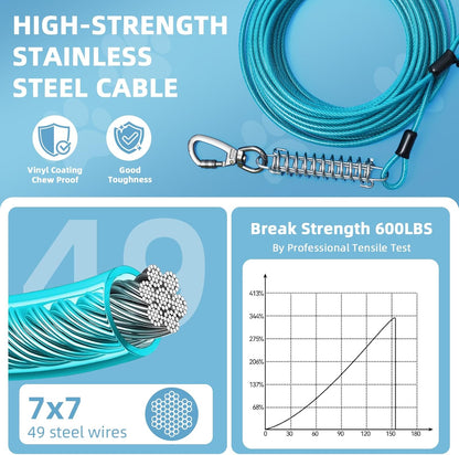 VST Dog Tie Out Cable 50FT-600LBS Break Strength,Heavy Duty Dog Leads for Yard with Shock Absorbing Spring & Lockable Hook,Outside Long Leash Cable,Chew Proof Dog Line for Small Medium Large Dogs