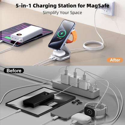 5-in-1 Wireless Charger for Magsafe, AC ISLAND Aluminum Travel Charging Station for Apple, 15W Snap Magnetic Multi Charging Stand Dock for iPhone 16/15/14/13 Apple Watch AirPods (with 35W GaN Adapter)
