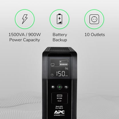 APC by Schneider Electric UPS, 1500VA Sine Wave UPS Battery Backup & Surge Protector, BR1500MS2 Backup Battery with AVR, (2) USB Charger Ports, Back-UPS Pro Uninterruptible Power Supply