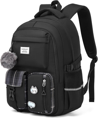 VANKANY School Backpack for Teen Girls, College Women Student Laptop Backpack Aesthetic Bookbags for Elementary Middle High School Travel Sac a Dos Femme, Black