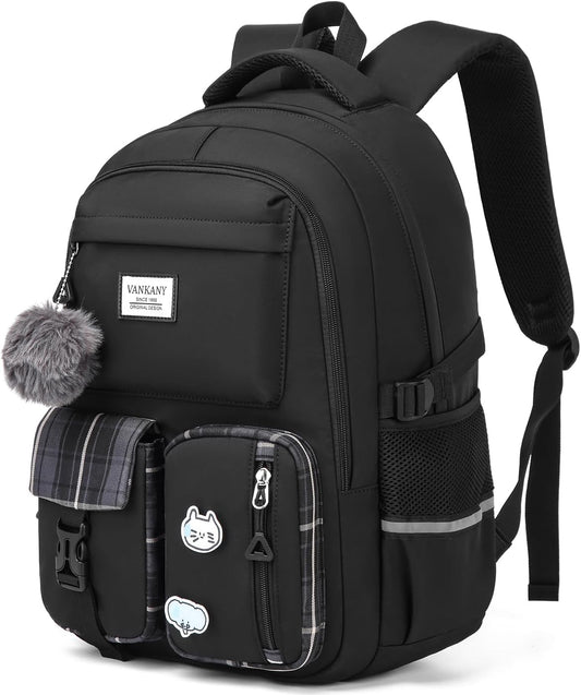 VANKANY School Backpack for Teen Girls, College Women Student Laptop Backpack Aesthetic Bookbags for Elementary Middle High School Travel Sac a Dos Femme, Black