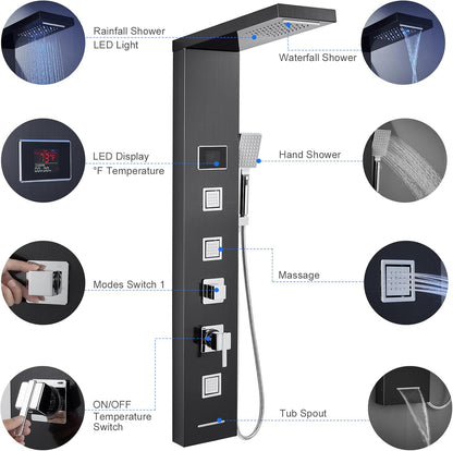 LED Shower Panel Tower System Black, MENATT 304 Stainless Steel 5-Function Shower Panel Rainfall Waterfall Shower Rain Massage System with Body Jets