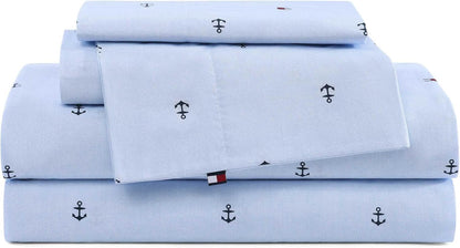 Tommy Hilfiger - Queen Bed Sheets, Crisp & Cool Cotton Percale Bedding with Matching Pillowcases, Lightweight Bed Set, Oeko-Tex Certified (Anchor and Flag Light Blue)