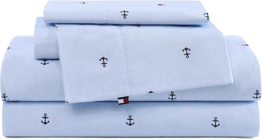 Tommy Hilfiger - Queen Bed Sheets, Crisp & Cool Cotton Percale Bedding with Matching Pillowcases, Lightweight Bed Set, Oeko-Tex Certified (Anchor and Flag Light Blue)